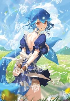 1girl bao_(vtuber) blue_dress blue_hair breasts cetacean_tail commentary day dress english_commentary fins fish_tail from_behind indie_virtual_youtuber large_breasts liquid_hair looking_at_viewer outdoors red_eyes see-through_clothes see-through_dress short_hair smile solo tail virtual_youtuber watermark whale_girl whispering_for_nothing