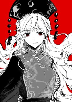 Rule 34 | 1girl, :d, ark koiz35, commentary, dalachi (headdress), dress, greyscale with colored background, highres, junko (touhou), long hair, looking at viewer, neck ribbon, open mouth, red background, red eyes, ribbon, smile, solo, spot color, tabard, tassel, touhou, upper body