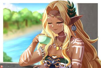 Rule 34 | 1girl, bare shoulders, blonde hair, body markings, breasts, circlet, cleavage, closed eyes, commentary, cup, dark-skinned female, dark skin, dress, earrings, english commentary, facial mark, green eyes, highres, holding, holding cup, jewelry, long hair, nintendo, pointy ears, skylight draws, sleeveless, sleeveless dress, solo, sonia (zelda), the legend of zelda, the legend of zelda: tears of the kingdom, upper body