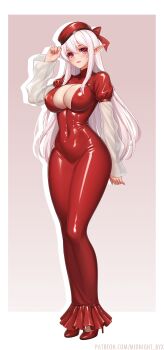 1girl absurdres beret breasts commentary covered_navel dress english_commentary evening_gown eye_tattoo facial_tattoo full_body hat high_heels highres hobble_skirt kyara_akaro large_breasts latex latex_dress long_dress long_hair long_sleeves looking_at_viewer midnight_(banyex) original patreon_username pointy_ears puffy_long_sleeves puffy_sleeves red_eyes red_hat red_tattoo see-through_clothes see-through_sleeves shiny_clothes skin_tight smile solo standing tattoo taut_clothes taut_dress tight_clothes tight_dress watermark web_address white_hair