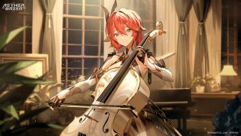 1girl aether_gazer artist_request black_gloves blurry blurry_background character_request closed_mouth copyright_name copyright_notice dress gloves hair_between_eyes hair_ornament half_gloves highres instrument music official_art plant playing_instrument purple_eyes red_hair second-party_source short_hair solo window