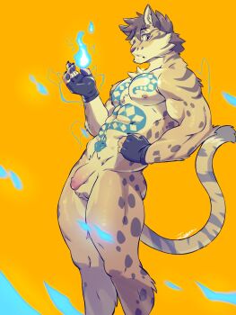 1boy abs animal_ears ass bara black_gloves blue_fire chest_tattoo claws closed_mouth commentary completely_nude english_commentary fingerless_gloves fire flaccid furry furry_male gloves hand_on_own_hip highres leopard_boy leopard_ears leopard_tail likulau_(nekojishi) looking_at_viewer male_focus muscular muscular_male nekojishi nipples nude orange_background pawpads pectorals penis signature snake_tattoo stomach_tattoo tail tattoo testicles tiggonthegreat
