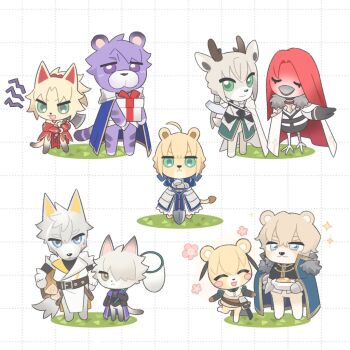 3girls 6+boys animal_crossing animalization armor artoria_pendragon_(fate) axe bedivere_(fate) bird blue_eyes blush_stickers brown_eyes cape cat closed_eyes commentary_request deer fate/grand_order fate_(series) fur-trimmed_cape fur_trim galahad_(fate) gareth_(fate) gawain_(fate) green_eyes grid_background hair_over_one_eye holding holding_axe holding_shovel knights_of_the_round_table_(fate) lancelot_(fate/grand_order) lil1dove lion mordred_(fate) multiple_boys multiple_girls nintendo open_mouth parody percival_(fate) purple_eyes shovel smile tiger tristan_(fate) wolf