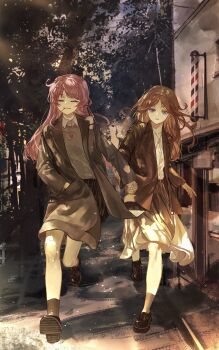 2girls absurdres artist_request bang_dream! bang_dream!_it's_mygo!!!!! black_socks blue_eyes brown_coat brown_hair brown_jacket brown_skirt building chihaya_anon chinese_commentary closed_eyes coat collared_shirt commentary_request commission floating_hair full_body highres holding_hands jacket long_hair long_sleeves looking_at_another multiple_girls nagasaki_soyo night open_mouth outdoors pink_hair road running second-party_source shirt shoe_soles sidelocks skirt smile socks street tree white_shirt