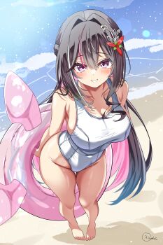 1girl absurdres alternate_costume azki_(hololive) beach blush breasts cleavage closed_mouth colored_inner_hair commentary_request highres holding holding_swim_ring hololive innertube inokeiwd large_breasts looking_at_viewer mole mole_under_eye multicolored_hair one-piece_swimsuit outdoors pink_hair pink_streaks sand smile solo streaked_hair swim_ring swimsuit virtual_youtuber water white_one-piece_swimsuit white_streaks