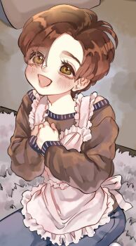 Rule 34 | 1boy, :d, apron, blush, brown eyes, brown hair, brown shirt, gogglesyo, grey pants, hair over one eye, john connor, long sleeves, looking at viewer, male focus, open mouth, own hands together, pants, shirt, short hair, sitting, smile, solo, terminator (series), the terminator