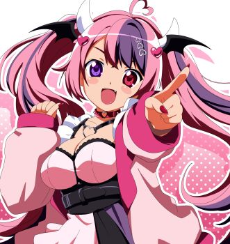 1girl absurdres ahoge bk_(barakoodra) breasts choker demon_girl demon_horns demon_wings hair_ornament head_wings heart heart_ahoge heart_hair_ornament heterochromia highres horns indie_virtual_youtuber ironmouse ironmouse_(15th_costume) long_hair looking_at_viewer multicolored_hair pink_choker pink_hair pointy_ears purple_eyes purple_hair smile streaked_hair twintails virtual_youtuber wings