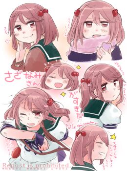 1girl blue_sailor_collar brown_sweater commentary_request hair_bobbles hair_ornament izumiyamisono kantai_collection multiple_views pink_eyes pink_hair pink_scarf sailor_collar sazanami_(kancolle) sazanami_kai_(kancolle) scarf school_uniform serafuku shirt sweater translation_request twintails upper_body white_shirt