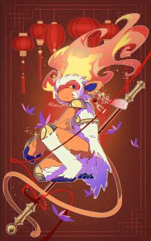 artist_name blue_eyes brown_fur closed_mouth colored_sclera earrings fiery_hair fukkatsu_no_maya gen_4_pokemon glint highres holding holding_staff infernape jewelry lantern monkey nintendo no_humans paper_lantern pokemon pokemon_(creature) red_background staff tail twitter_username white_fur yellow_sclera