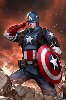 Rule 34 | 1boy, belt, blue eyes, blue pants, captain america, comic cover, commentary, english commentary, gloves, highres, in-hyuk lee, marvel, pants, red gloves, shield, signature, solo, star (symbol), steve rogers