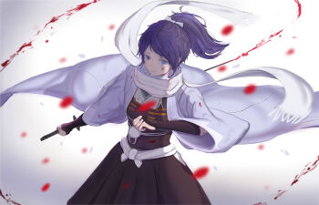 10s 1boy absurdres arm_armor armor belt black_armor black_skirt blood blood_splatter blood_string blood_on_clothes bloody_weapon blue_eyes blue_hair blue_ribbon blurry blurry_background commentary_request cowboy_shot feet_out_of_frame hair_ornament hair_ribbon haori highres holding holding_weapon japanese_clothes katana langya_beike looking_at_viewer male_focus medium_hair messy_hair ponytail ribbon scarf simple_background skirt solo sword teeth touken_ranbu weapon white_belt white_scarf yamato-no-kami_yasusada