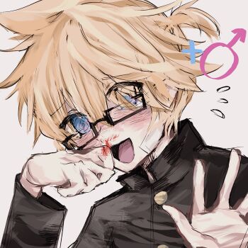 blonde_hair blood blue_eyes glasses highres kagamine_len nosebleed plus_danshi_(vocaloid) sali_(salitawanaka_21) vocaloid