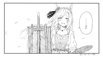 Rule 34 | 1girl, animal ears, asymmetrical bangs, belt, blunt bangs, blush, border, braid, canvas (object), commentary request, crown braid, dated, dot nose, ear ornament, easel, floating hair, frilled sleeves, frills, greyscale, hatching (texture), holding, holding paint palette, horse ears, horse girl, jewelry, kawashina (momen silicon), linear hatching, long hair, looking at viewer, mejiro ardan (casual) (umamusume), mejiro ardan (umamusume), monochrome, necklace, paint palette, painting (action), parted lips, ribbed shirt, shirt, shirt tucked in, short sleeves, signature, simple background, solo, speech bubble, straight-on, translation request, umamusume, upper body, white background, white border, wind