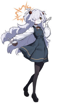 1girl black_dress black_pantyhose blue_archive bright_pupils buttons collared_shirt commentary_request diagonal-striped_ribbon double-breasted dress flask flat_chest full_body grey_hair hair_ornament hair_over_one_eye halo hand_up highres holding holding_flask kanoe_(blue_archive) long_bangs long_hair long_sleeves looking_at_viewer mary_janes messy_hair orange_eyes orange_halo pale_skin pantyhose parted_bangs pinafore_dress puffy_long_sleeves puffy_sleeves red_ribbon ribbon round-bottom_flask scar scar_on_neck shirt shoes short_twintails sidelocks simple_background sleeve_cuffs sleeveless sleeveless_dress solo sphere_hair_ornament twintails very_long_hair white_background white_shirt yuuri_99530