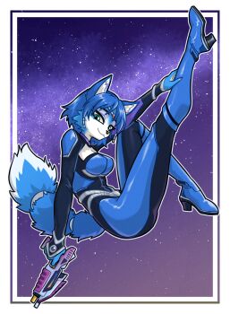 1girl animal_nose blue_boots blue_fur body_fur bodysuit boots breasts circlet cleavage fox_girl furry furry_female green_eyes gun handgun high_heel_boots high_heels highres krystal leg_up nintendo short_hair sky smile snout solo star_(sky) star_fox star_fox_assault starry_sky ta-na_(tana351) tail tail_ornament tail_ring two-tone_fur weapon