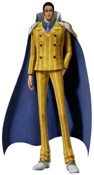 1boy 3d bandai_namco black_hair formal_clothes full_body jacket jacket_on_shoulders kizaru_(one_piece) military military_uniform official_art one_piece one_piece:_world_seeker pants shirt short_hair simple_background solo standing suit