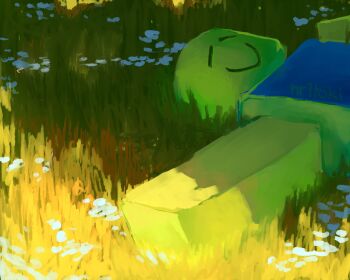 blue_shirt closed_eyes closed_mouth colored_skin flower grass highres low_ponytail lying noob_(roblox) nr1toki on_back ponytail roblox shirt smile sunlight white_flower yellow_skin