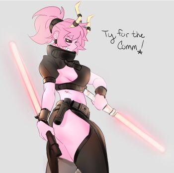 Rule 34 | absurdres, ashido mina, boku no hero academia, breasts, colored skin, from side, hhholic, highres, holding, holding sword, holding weapon, horns, large breasts, non-web source, pink hair, pink skin, ponytail, shiny skin, sideboob, smile, star wars, sword, thig, thighhighs, weapon, wide hips, yellow eyes