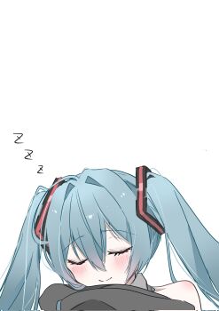 1girl ahoge black_arm_warmers blue_hair blush closed_eyes collared_shirt commentary_request corrupted_twitter_file double-parted_bangs grey_shirt hair_between_eyes hair_intakes hatsune_miku highres portrait ria_art shirt sidelocks simple_background sleeping sleeveless sleeveless_shirt smile solo twintails vocaloid white_background zzz