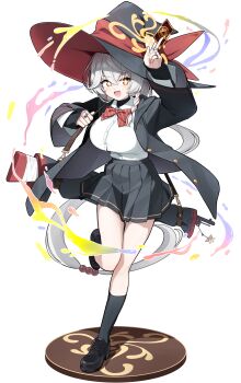 1girl absurdres black_boots black_jacket black_skirt black_socks blue_archive bolt_action boots bow braid breasts carcano card charm_(object) collared_shirt commentary_request crossed_legs eri_(blue_archive) full_body gun hair_between_eyes halo hat hat_ribbon highres holding holding_card holding_weapon jacket jewelry kneehighs large_breasts long_sleeves looking_at_viewer multiple_rings open_mouth orange_eyes pleated_skirt red_bow red_ribbon ribbon rifle ring shirt side_braid simple_background skirt smile socks solo sparkling_eyes standing standing_on_one_leg tilted_halo ujuro weapon weapon_charm white_background white_shirt witch_hat yellow_halo