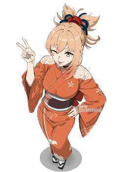 1girl ;p absurdres arm_up artist_name asymmetrical_hair black_choker blonde_hair brown_sash choker closed_mouth commentary full_body genshin_impact hair_between_eyes hair_ornament hand_on_own_hip highres japanese_clothes kimono medium_hair nerozero obi one_eye_closed orange_kimono sash simple_background smile socks solo standing tabi tongue tongue_out v white_background white_socks wide_sleeves yellow_eyes yoimiya_(genshin_impact)