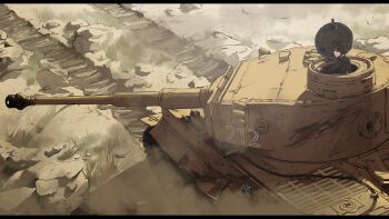 Rule 34 | 10s, 1girl, day, desert, emblem, girls und panzer, grass, highres, kuromorimine (emblem), kuromorimine military uniform, military, military vehicle, motor vehicle, nishizumi maho, rock, tank, tiger i, treeman