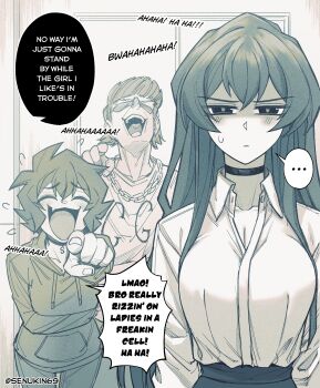 1boy 2girls absurdres breasts chain chain_necklace choker cleavage closed_eyes closed_mouth commentary double-parted_bangs drawstring english_commentary english_text flying_sweatdrops greyscale hair_between_eyes highres hood hood_down hoodie jewelry kin_(senukin) large_breasts laughing long_hair long_sleeves mocking monochrome multiple_girls narrowed_eyes necklace office_lady_(senukin) open_mouth original pointing pointing_at_viewer senukin shirt short_hair smile speech_bubble sweatdrop