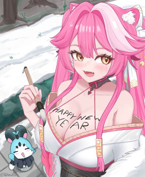 1girl absurdres animal_ears bare_shoulders body_writing breasts chattino_(raora_panthera) cleavage collarbone grey_hair highres holding holding_brush hololive hololive_english japanese_clothes kimono large_breasts long_hair multicolored_hair new_year panther_ears panther_girl pink_hair raora_panthera snow solo_focus two-tone_hair virtual_youtuber white_kimono yahnuko