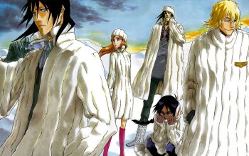 00s 2girls 3boys black_hair bleach blonde_hair boots breasts brown_eyes closed_mouth coat collarbone dark-skinned_female dark_skin earmuffs glasses gloves hands_in_pockets hat holding_glasses inoue_orihime jacket knee_boots kubo_tite kuchiki_byakuya long_hair medium_hair multiple_boys multiple_girls necktie official_art orange_hair outdoors pants purple_hair second-party_source shihouin_yoruichi sitting sky smile snow standing tall_male upper_body urahara_kisuke yellow_eyes zaraki_kenpachi