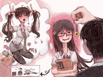 1boy 1girl alternate_hairstyle bunching_hair coin coin_on_string condom condom_wrapper couple double_v drooling empty_eyes female_pervert glasses heart heart-shaped_pupils hetero highres holding holding_pendulum holed_coin hypnosis imagining long_hair mind_control mole mole_under_mouth mouth_drool multiple_moles multiple_views naughty_face nintendo_switch original pendulum pervert playing_with_own_hair revealing_clothes school_uniform simple_background sleepzzz symbol-shaped_pupils thinking twintails v wishing