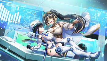 2girls :d amadea_wolfa asymmetrical_docking black_gloves black_hair blonde_hair blonde_streaks blue_hairband blue_necktie boots breast_press breasts brown_gloves cleavage closed_mouth coat coat_on_shoulders colored_inner_hair crop_top dolphin_wave eines_(dolphin_wave) floating_screen game_cg gloves goggles goggles_on_head hairband half_gloves hand_on_another&#039;s_back hat highres large_breasts leotard long_hair looking_at_another medium_hair multicolored_hair multiple_girls necktie newsboy_cap non-web_source official_art ootomo_takuji open_mouth partially_fingerless_gloves ponytail short_ponytail skindentation smile striped_hair thigh_boots very_long_hair white_leotard