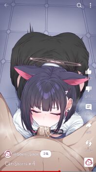 1boy 1girl animal_ears black_hair black_jacket blue_archive cat_ears closed_eyes clothes_around_waist colored_inner_hair commentary cum cum_in_mouth cum_overflow doodle_sensei_(blue_archive) earrings english_commentary fellatio hair_ornament hairclip halo hetero highres jacket jacket_around_waist jewelry kazusa_(band)_(blue_archive) kazusa_(blue_archive) lee_mae_hyang multicolored_hair oral penis pink_hair sensei_(blue_archive) shirt short_hair solo_focus stud_earrings translation_request uncensored user_interface white_shirt