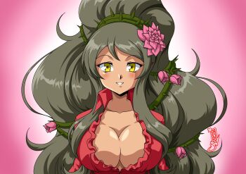 Rule 34 | 1990s (style), 1girl, absurdres, ageha (senran kagura), blush, breasts, brown hair, cleavage, collarbone, dark-skinned female, dark skin, flower, gradient background, green hair, hair flower, hair ornament, high ponytail, highres, kurumi-lover, large breasts, long hair, looking at viewer, pink background, pink flower, pink rose, ponytail, red shirt, retro artstyle, rose, senran kagura, senran kagura new link, senran kagura new wave, shirt, signature, smile, solo, thorns, white background, yellow eyes