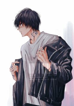Rule 34 | 1boy, adam's apple, black eyes, black hair, commentary request, fibonacci sequence tattoo, finger tattoo, hand tattoo, highres, jacket, leather, leather jacket, looking to the side, male focus, metkt ss, nagumo (sakamoto days), neck tattoo, sakamoto days, shirt, short hair, simple background, solo, tattoo, upper body, watermark, white background, white shirt, zipper, zipper pull tab