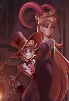 Rule 34 | 1boy, 1girl, absurdres, blonde hair, blush stickers, chandllucky, commentary, couple, demon boy, demon girl, english commentary, english text, hair slicked back, hazbin hotel, hellaverse, hetero, highres, husband and wife, lilith (hazbin hotel), lucifer morningstar (hazbin hotel)