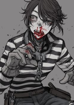 1boy belt blood blood_from_mouth blood_on_face chain collar gloves hair_between_eyes identity_v looking_to_the_side luca_balsa male_focus metal_collar nosebleed satou_saori shirt striped_clothes striped_shirt tongue tongue_out