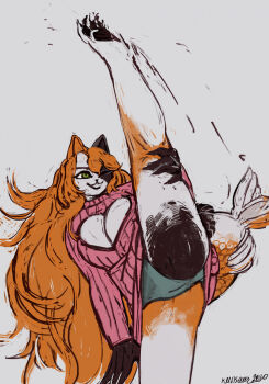 1girl animal_ears artist_name ass asya_(kmnsaur) breasts cat_ears cat_girl cleavage cleavage_cutout clothing_cutout commentary dated dress english_commentary feet_out_of_frame furry furry_female green_eyes green_panties grey_background highres kmnsaur large_breasts leg_up long_hair long_sleeves looking_up one_eye_closed open_mouth orange_hair original panties pink_dress pink_sweater simple_background sketch smile snout solo sweater sweater_dress thick_thighs thighs underwear very_long_hair