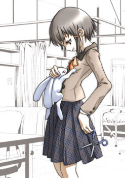 19_(nin19) 1girl animal bed breasts brown_eyes brown_hair brown_jacket brown_sleeves buttons chair clenched_teeth cowboy_shot door from_side grey_skirt hair_ornament hairclip holding holding_animal holding_rabbit holding_scissors hospital_bed indoors infirmary iwakura_lain jacket long_sleeves looking_down lowres medium_skirt muted_color orange_ribbon plaid_clothes plaid_skirt privacy_screen rabbit red_eyes ribbon school_uniform scissors serial_experiments_lain short_hair sidelocks skirt small_breasts solo_focus swivel_chair table teeth white_background white_rabbit_(animal)