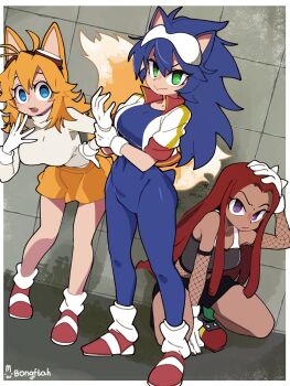 Rule 34 | 3girls, absurdres, animal ears, black shorts, blonde hair, blue bodysuit, blue eyes, blue hair, bodysuit, bongftah, breasts, character request, copyright request, cropped jacket, dark-skinned female, dark skin, eyewear on head, fox ears, fox girl, fox tail, full body, genderswap, genderswap (mtf), goggles, goggles on head, green eyes, grey sweater, group picture, highres, jacket, knuckles the echidna, large breasts, long hair, male focus, multiple girls, purple eyes, red hair, red shoes, sega, shoes, shorts, skirt, sonic (series), sonic the hedgehog, spiked hair, standing, sweater, tail, tails (sonic), white jacket, yellow skirt