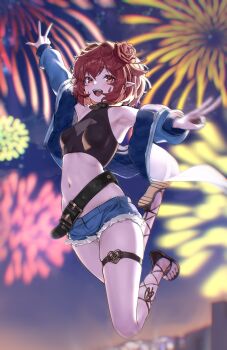 1girl absurdres aerial_fireworks alternate_costume ankle_lace-up ankle_wrap armpits backlighting bare_shoulders belt black_shirt blue_jacket blue_shorts breasts brown_sandals crop_top cross-laced_sandals cutoffs denim denim_shorts double_v dungeon_and_fighter eclipse_(dungeon_and_fighter) female_mage_(dungeon_and_fighter) fireworks flower gladiator_sandals hair_flower hair_ornament highres jacket kim_boki legs_up long_sleeves looking_at_viewer loose_belt micro_shorts midair midriff navel off_shoulder open_clothes open_jacket open_mouth original outstretched_arms pointy_ears red_eyes red_hair revision rose sandals shirt short_hair short_shorts shorts sleeveless sleeveless_shirt small_breasts smile solo stomach summoner_(dungeon_and_fighter) thigh_strap thighs v