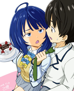 1boy 1girl artist_name assertive_female birthday birthday_cake blue_eyes blue_hair breasts brown_eyes brown_hair cake clothes_grab flirting food half-closed_eyes highres large_breasts looking_at_another make_heroine_ga_oo_sugiru! medium_hair necktie necktie_grab neckwear_grab nervous nukumizu_kazuhiko open_clothes open_mouth school_uniform short_hair sweatdrop tongue yanami_anna