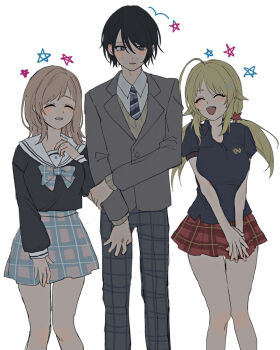 1boy 2girls adxrhk ahoge black_hair black_shirt blonde_hair blush breasts brown_hair closed_eyes commentary_request diagonal-striped_clothes diagonal-striped_necktie genderswap genderswap_(ftm) grey_jacket grey_pants grin hachimiya_meguru hair_between_eyes hand_on_own_arm idolmaster idolmaster_shiny_colors jacket kazano_hiori lapels long_hair long_sleeves medium_hair miniskirt multiple_girls necktie notched_lapels open_mouth pants plaid_clothes plaid_skirt polo_shirt red_skirt sailor_collar sailor_shirt sakuragi_mano shirt short_hair short_sleeves side-by-side simple_background skirt smile standing star_(symbol) striped_clothes twintails white_background white_sailor_collar