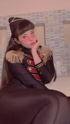 1girl adapted_costume animated asian ass ass_shake audible_music black_gloves black_hair black_leotard breasts crossed_arms crossed_legs curvy gloves hat highleg highleg_leotard highres huge_ass japanese_(nationality) leotard lips long_hair looking_at_viewer military military_uniform model pantyhose photo_(medium) ririkana sitting small_breasts solo sound tagme thighhighs thong_leotard video