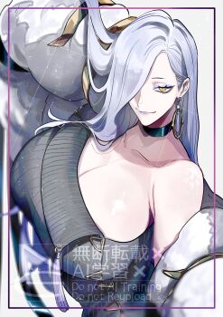 1girl absurdres bare_shoulders blue_lips breasts choker cleavage collarbone commentary_request dress earrings eyeliner fate/grand_order fate_(series) grey_dress hair_over_one_eye highres hoop_earrings jacket jewelry large_breasts long_hair long_sleeves looking_at_viewer makeup mrs._snake_(fate) off_shoulder smile solo sweater sweater_dress tassel u_5ham0 white_hair white_jacket yellow_eyes