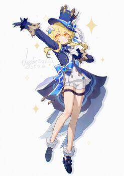 1girl ayiiiyiii black_gloves black_jacket blonde_hair blue_hat blue_shoes blush closed_mouth cosplay flower furina_(genshin_impact) furina_(genshin_impact)_(cosplay) genshin_impact gloves hair_between_eyes hair_flower hair_ornament hat high_heels highres jacket long_hair long_sleeves lumine_(genshin_impact) shoes shorts smile solo top_hat white_gloves white_shorts yellow_eyes