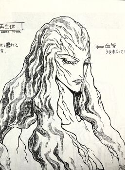 1girl breasts cleavage closed_mouth greyscale highres lips long_hair minowa_yutaka monochrome official_art simple_background solo vampire vampire_hunter_d veins veiny_breasts white_background