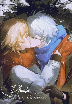 2boys black_gloves blue_hair blue_scarf closed_eyes commentary earrings english_commentary english_text facial_tattoo flower glasses gloves hands_on_another's_face hat highres holding holding_flower holding_removed_eyewear honkai:_star_rail honkai_(series) jewelry kiss multicolored_hair multiple_boys mydei_(honkai:_star_rail) orange_hair phainon_(honkai:_star_rail) red_hair red_scarf red_tattoo saninoring scarf ship_name single_earring tattoo two-tone_hair unworn_eyewear white_hat winter winter_clothes yellow_pupils