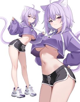 1girl :3 absurdres ahoge animal_ears black_shorts breasts cat_ears cat_girl cat_tail closed_mouth commentary cropped_hoodie crossed_bangs dolphin_shorts double-parted_bangs drawstring full_body hair_between_eyes hand_on_own_hip highres hololive hood hoodie large_breasts long_sleeves midriff multiple_views nannung navel nekomata_okayu no_bra purple_eyes purple_hair purple_hoodie shoes short_hair shorts simple_background sneakers stomach tail underboob untranslatable_commentary virtual_youtuber white_background white_shoes