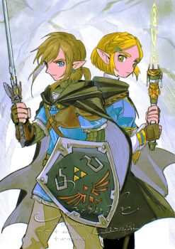 1boy 1girl artist_name back-to-back black_cloak black_pants black_sweater blue_eyes blue_shirt blue_tunic braid breasts cloak commentary cowboy_shot crown_braid earrings fighting_stance fingerless_gloves gloves gold_trim green_eyes grey_pants hair_ornament hairclip highres holding holding_shield holding_sword holding_weapon jewelry link low_ponytail master_sword medium_breasts medium_hair mouyi nintendo pants parted_bangs pointy_ears ponytail princess_zelda ribbed_sweater sample_watermark shield shirt short_hair sidelocks sweater sword symbol-only_commentary the_legend_of_zelda the_legend_of_zelda:_tears_of_the_kingdom tunic turtleneck turtleneck_sweater watermark weapon