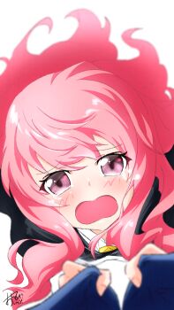 1boy 1girl black_cape bloom blurry blush cape commentary_request crying crying_with_eyes_open depth_of_field from_above furrowed_brow hair_between_eyes hands_up highres hiraga_saito long_hair looking_at_viewer louise_francoise_le_blanc_de_la_valliere open_mouth oshinobi_shinobu pink_eyes pink_hair pov shirt_tug sidelocks signature simple_background solo_focus straight-on tears upper_body white_background zero_no_tsukaima